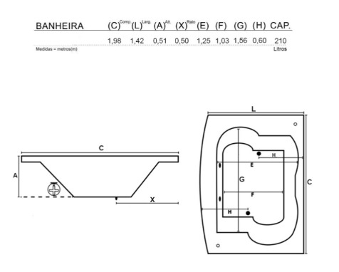 Planta baixa - Banheira de Hidromassagem Dupla Gel Coat Luxo Cairo