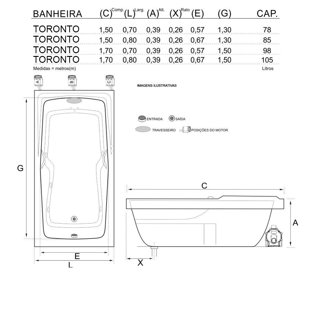 Planta baixa - Banheira de Hidromassagem Individual em Acrílico Luxo Toronto