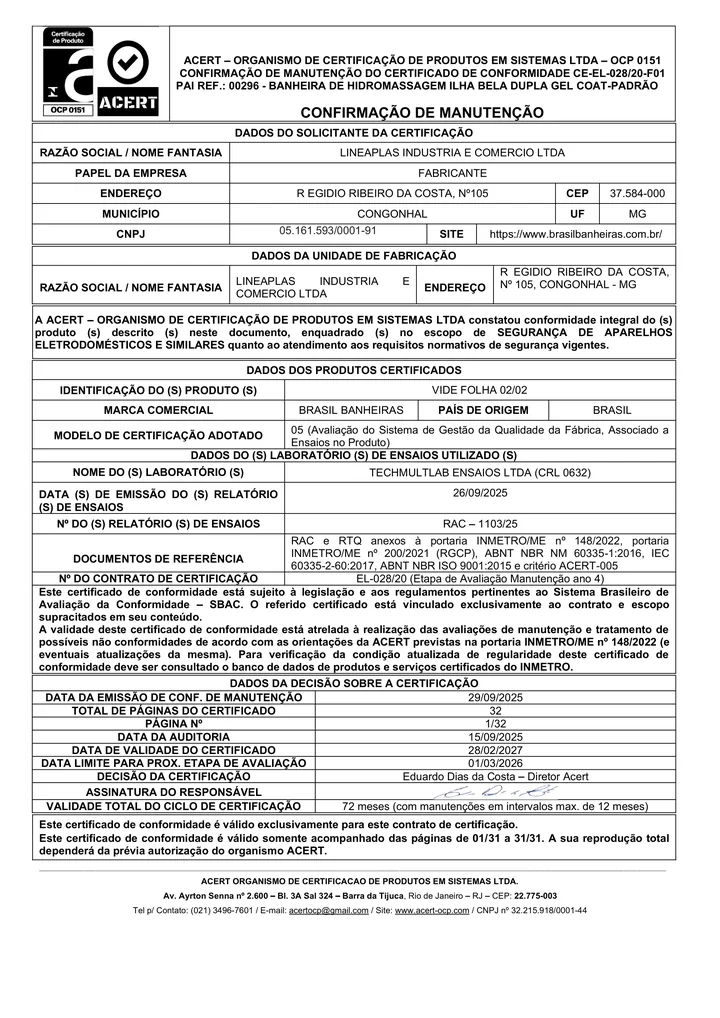Certificado de conformidade InMetro da Lineaplas emitido pela ACERT