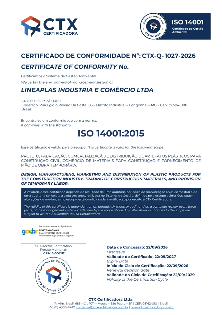 Certificado ISO 14001:2015 da Lineaplas emitido pela CTX Certificadora