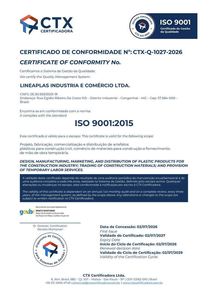 Certificado ISO 9001:2015 da Lineaplas emitido pela CTX Certificadora